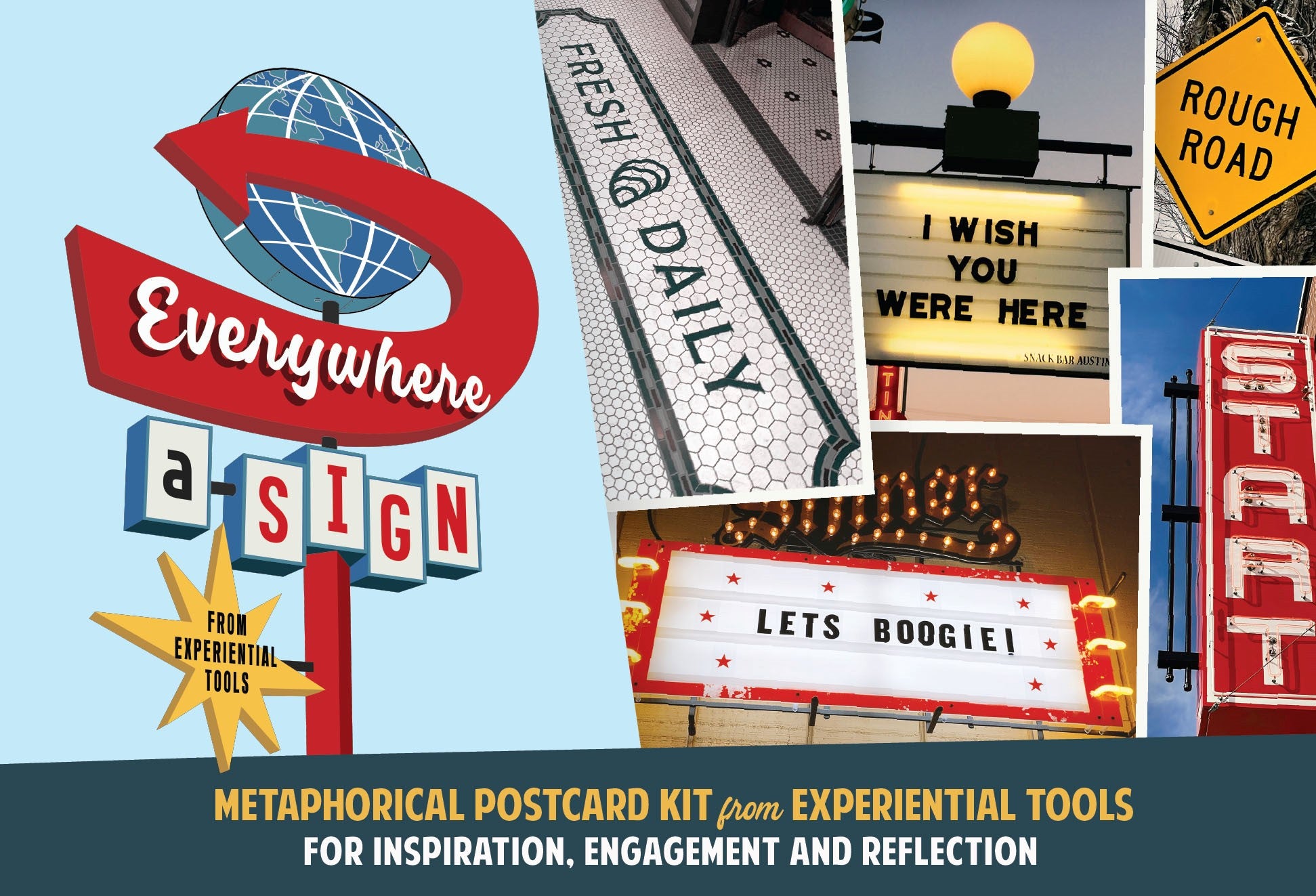A collection of 50 unique and historical sign postcards in a decorative sustainable box, perfect for group reflection and engagement.