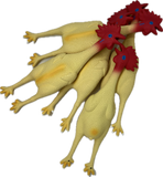 Five bright rubber chickens and a stuff sack, ready for a lively group game.