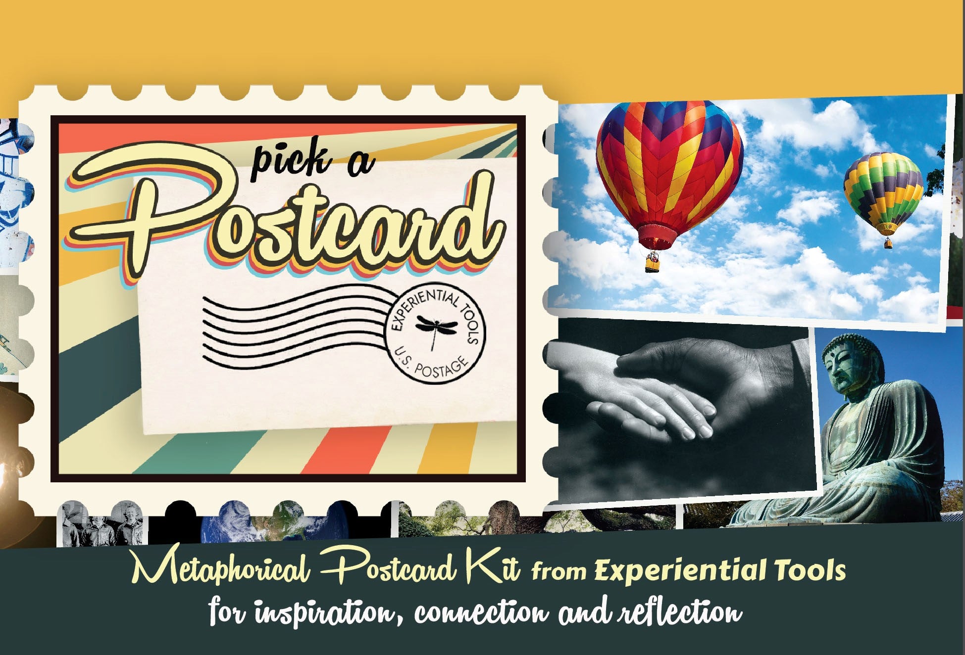 Promotional image for a 'Pick a Postcard' kit, featuring various colorful postcards with images such as hot air balloons, hands, and a statue, along with text and logos related to the product.