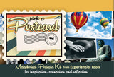 Promotional image for a 'Pick a Postcard' kit, featuring various colorful postcards with images such as hot air balloons, hands, and a statue, along with text and logos related to the product.