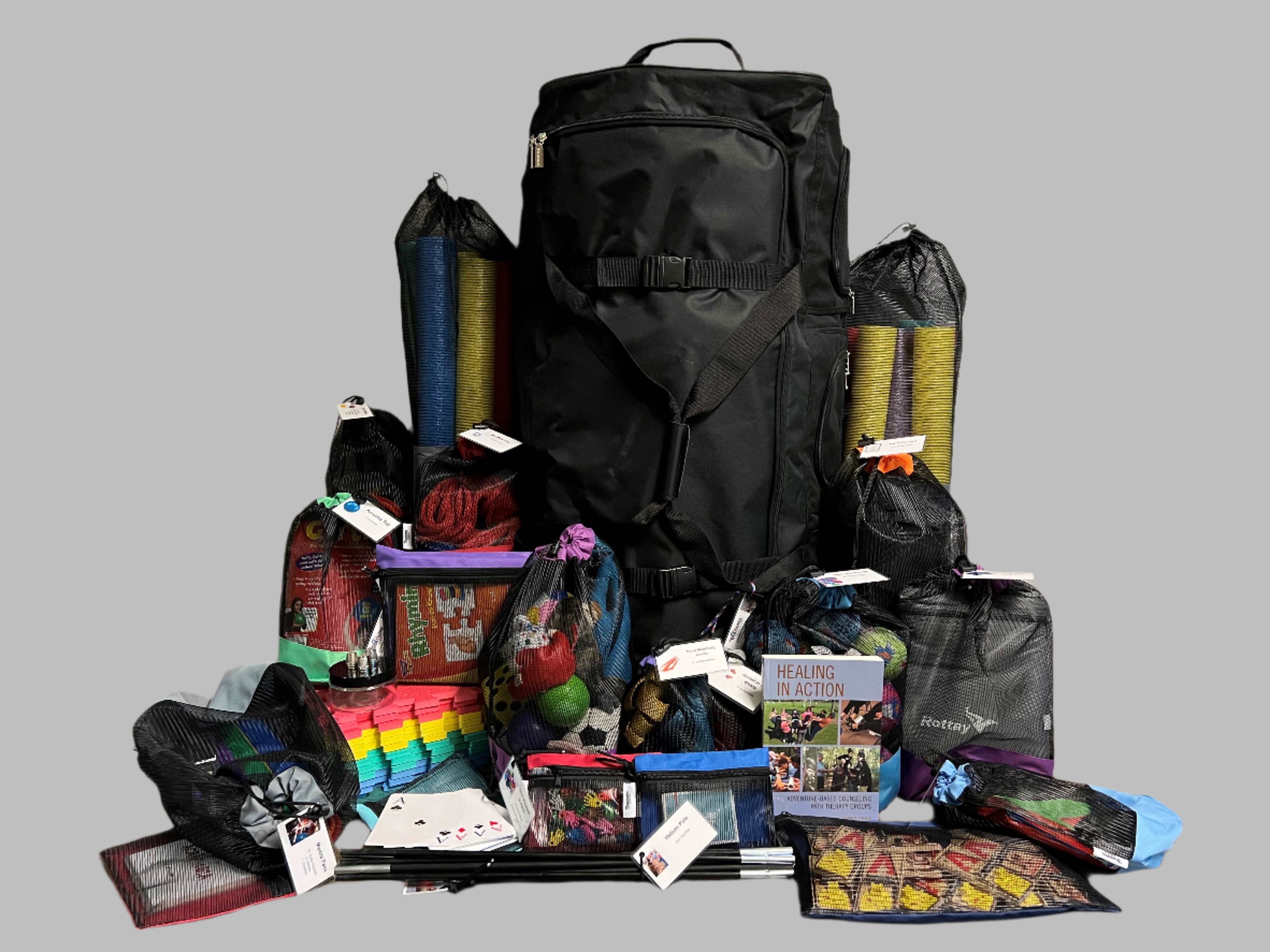 Recovery Adventure Day Kit with props and Healing in Action book for adventure-based counseling and therapy group activities