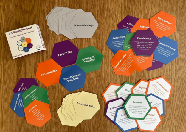 A set of CS Strengths Deck cards featuring talent, prompt, and domain tiles, designed for coaching and personal development.