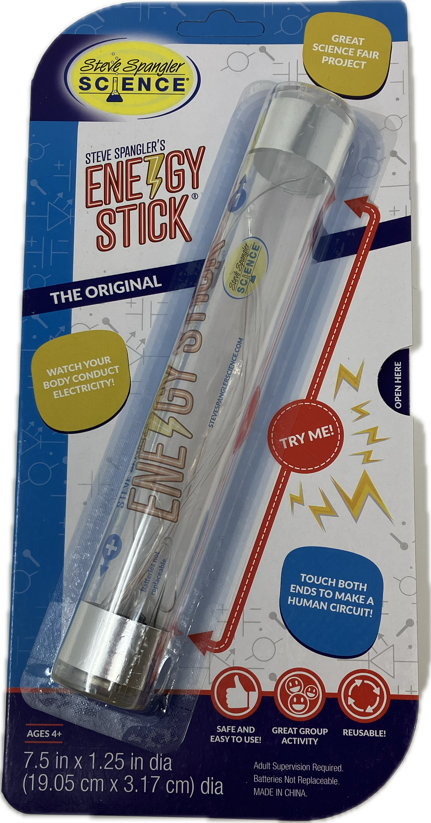 The product image shows the Energy Stick, which is a cylindrical tool with a metallic part. It is packaged in a box that highlights its uses in team-building and educational settings.