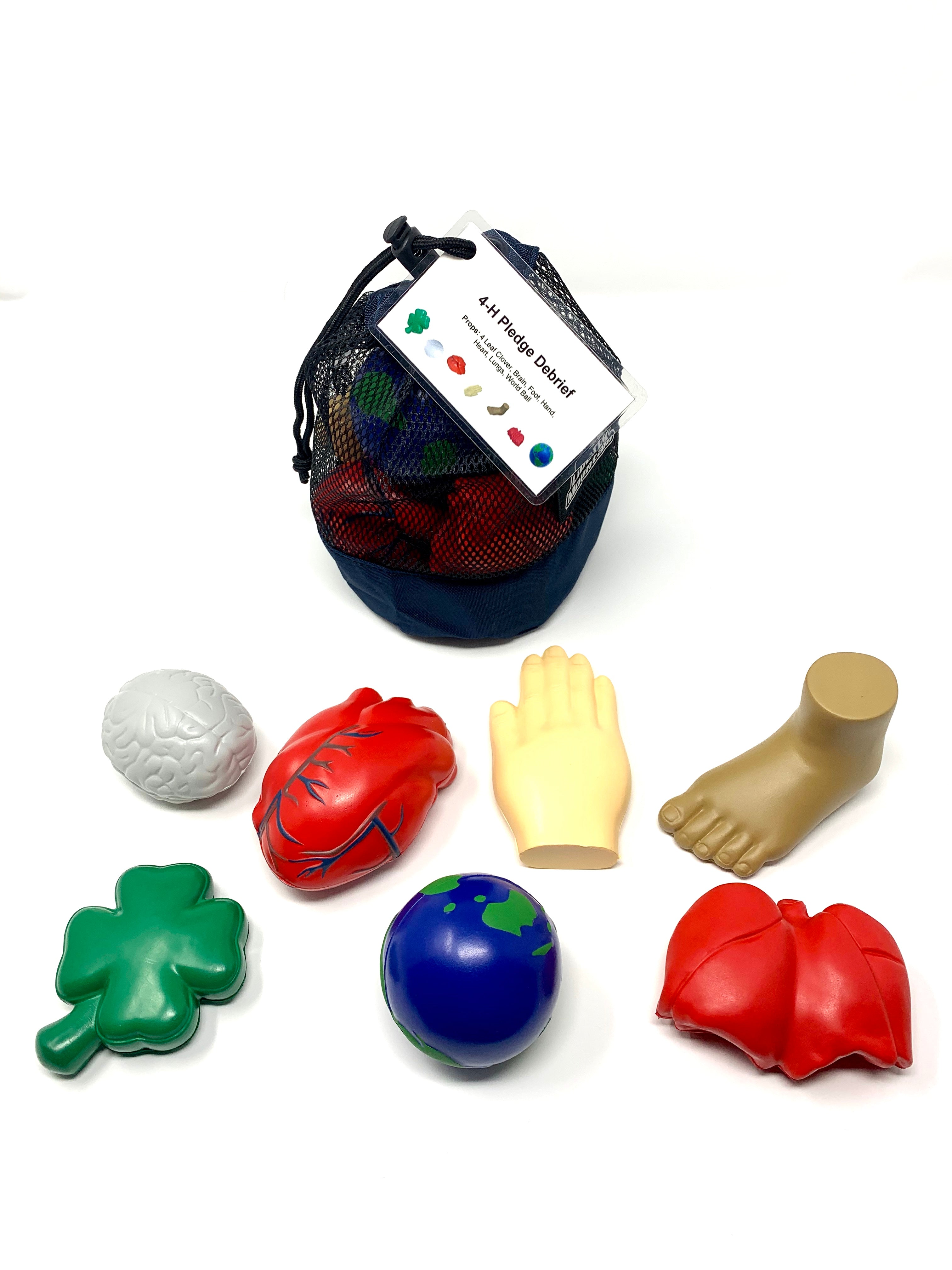 Seven colorful stress relievers shaped like a brain, heart, hands, foot, lungs, world, and four-leaf clover, packaged in a compact stuff sack.
