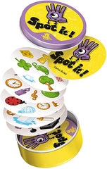 A stack of circular cards from the Spot It game, with colorful symbols on each card, placed inside a yellow box with 'Spot it!' text on it.