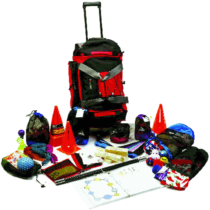 Basics Kit for Facilitators with 16 team building activity props, labeled bags, and wheeled duffel