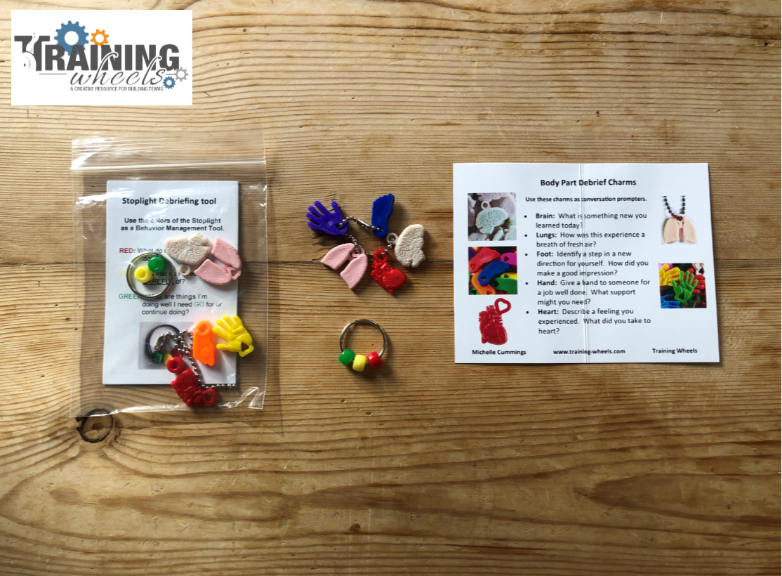 The image shows a Body Part Keychain which includes various charms shaped like body parts and stoplight beads, displayed on a wooden surface alongside its packaging.
