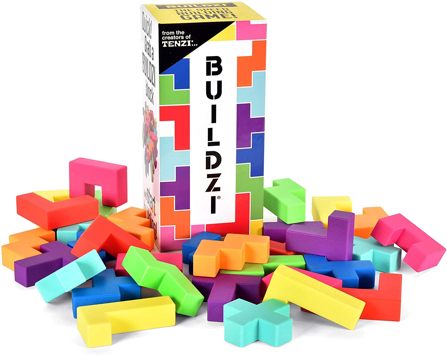 BUILDZI blocks, Tower Cards, and Block Cards arranged for a fast-paced stacking game.
