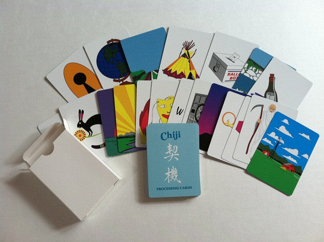 A spread of 52 colorful Chiji Cards, each featuring a unique image, arranged for group reflection activities.