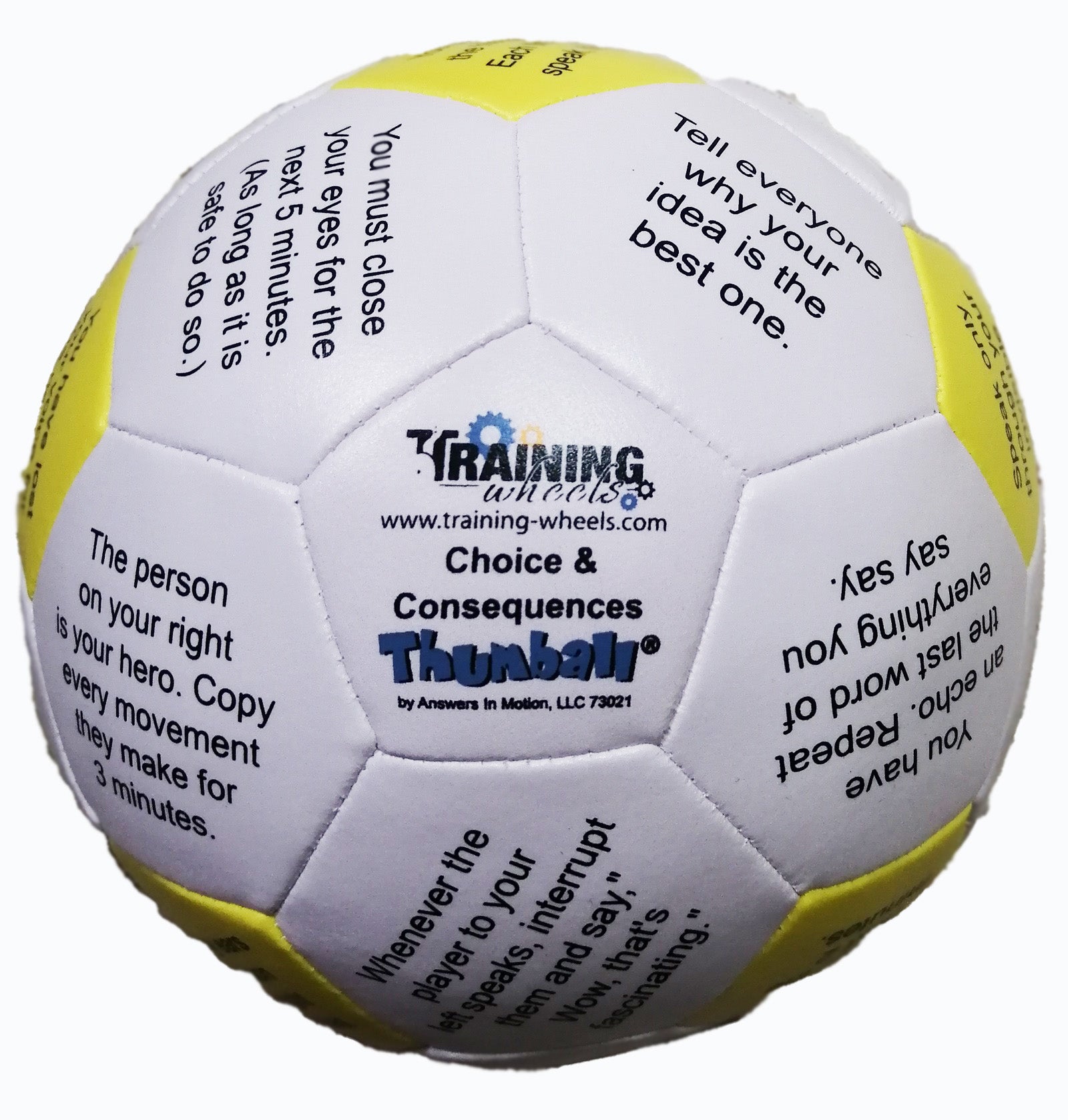 Choice & Consequences Thumball with multiple panels featuring creative consequences for team building and group activities