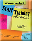Cover of the book 'Essential Staff Training Activities' showing the title and author names, Jim Cain, Clare Marie Hannon, and Dave Knobbe, with colorful text and shapes background.