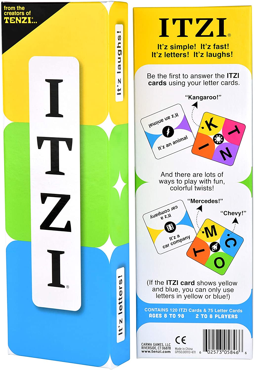 ITZI card game set featuring colorful letter cards, clue cards, and instructions, arranged for group play.