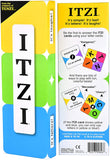 ITZI card game set featuring colorful letter cards, clue cards, and instructions, arranged for group play.