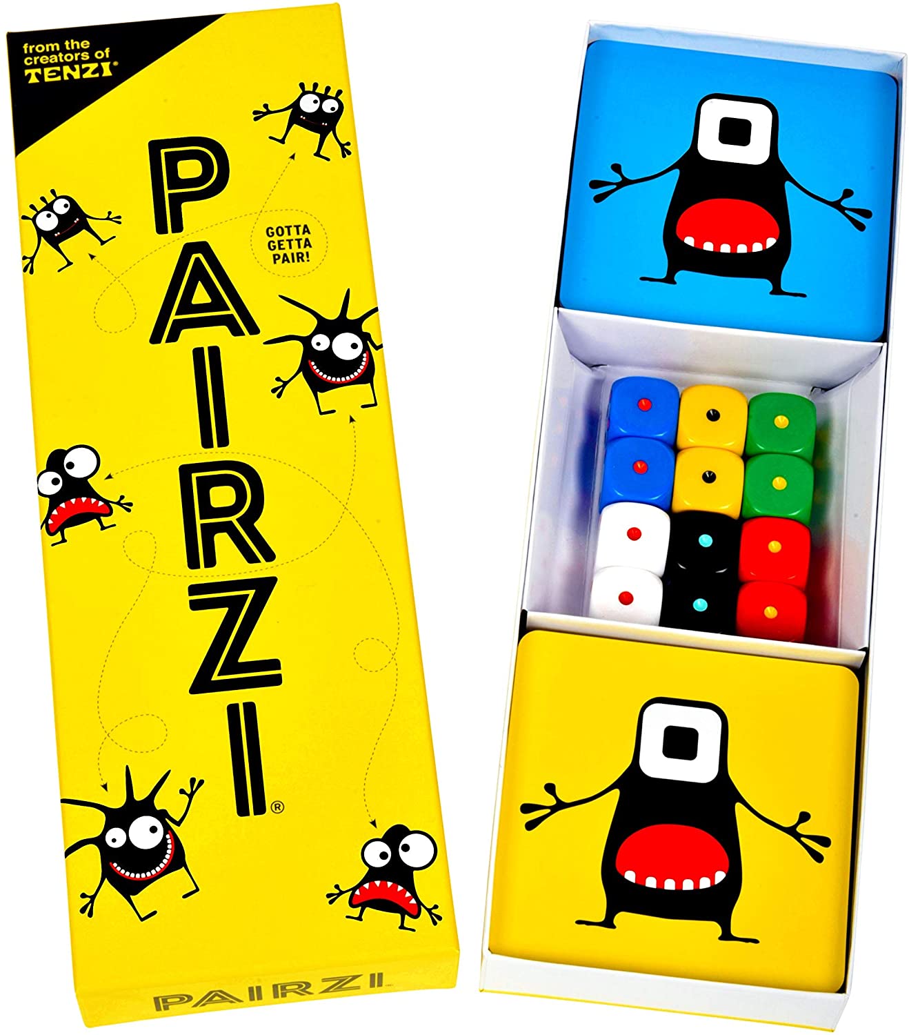 The image shows the packaging and contents of the Pairzi game. The packaging is predominantly yellow with cartoonish characters, while the game set includes a box with yellow and blue critter cards and colorful dice.