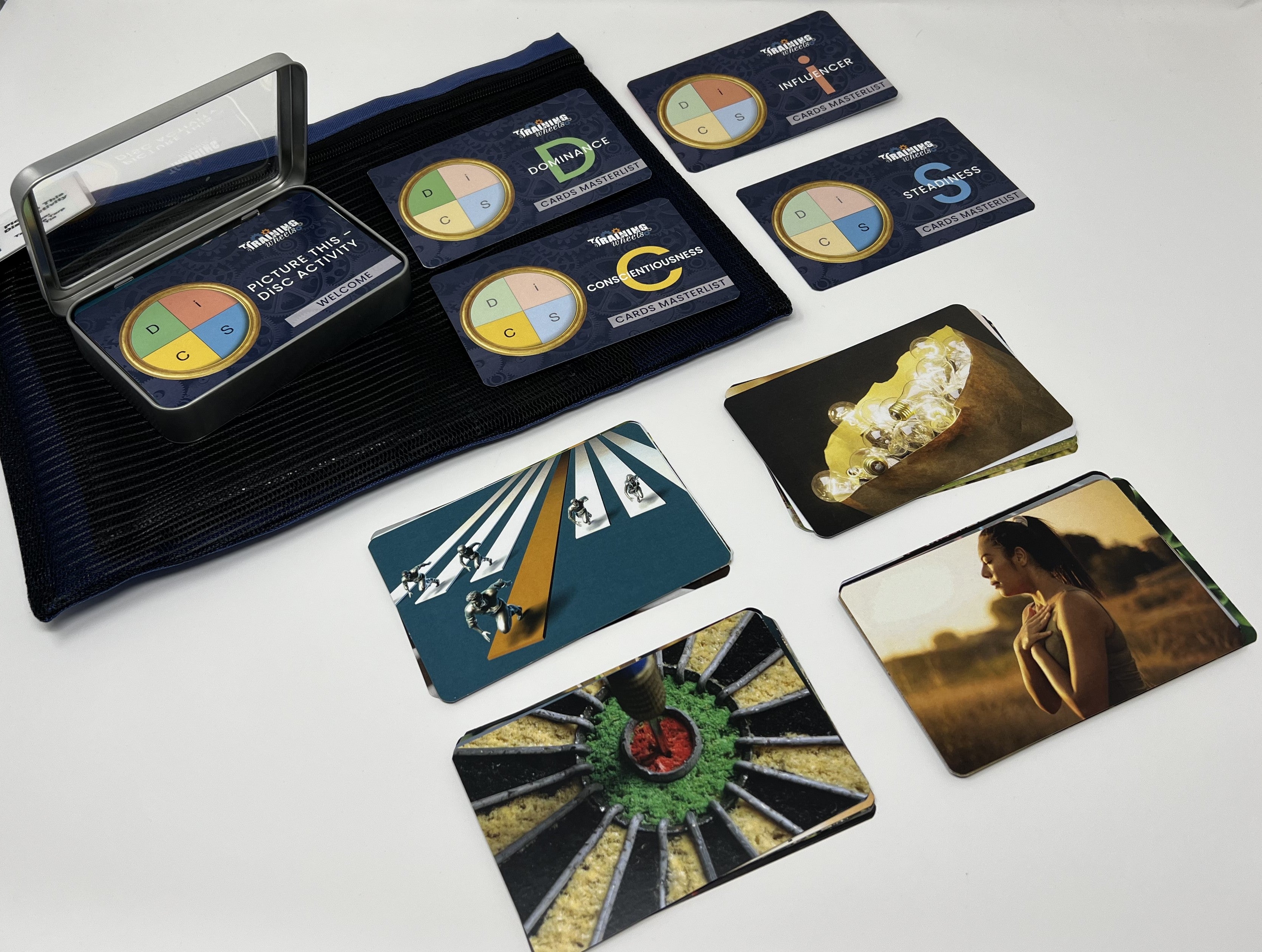 A collection of picture cards laid out on a table, with different designs representing various DiSC styles, accompanied by a DiSC personality assessment chart.