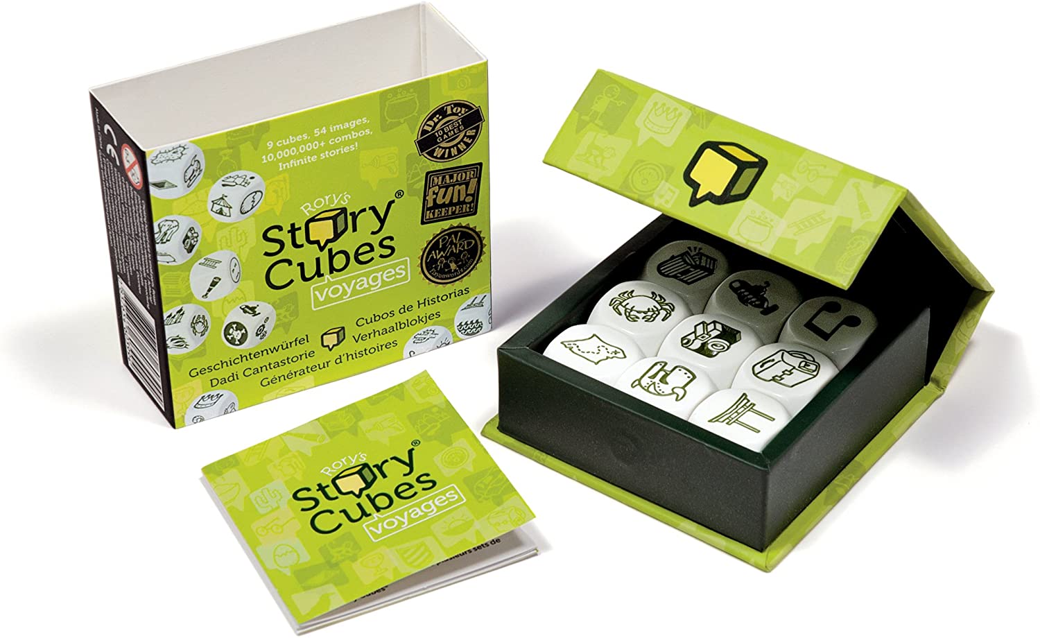 A product image showing Rory Story Cubes. The cubes are visible inside an open green and black box, with a card beside it.