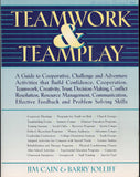 Cover of the 'Teamwork & Teamplay' book which is a guide for teambuilding activities with blue and white text design.