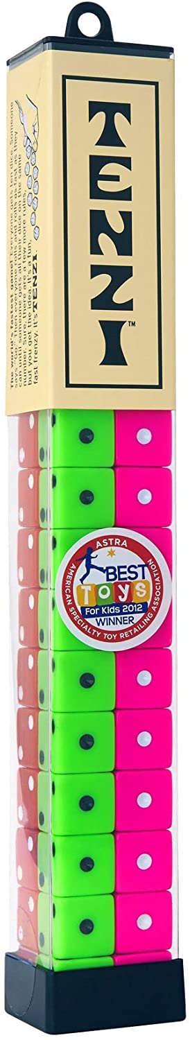 A set of Tenzi branded dice in various colors, packaged in a clear tube with a colorful label.