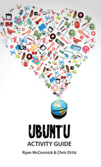 Cover of the Ubuntu Activity Guide featuring a colorful array of icons and illustrations arranged in a heart shape around the globe, with the title and authors' names below.