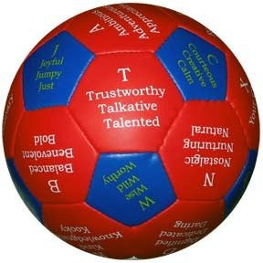 Virtues and Values Thumball with 32 red and blue panels, each featuring three virtues or values for self-reflection and group discussion.