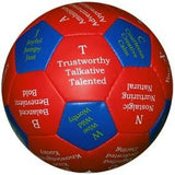 Virtues and Values Thumball with 32 red and blue panels, each featuring three virtues or values for self-reflection and group discussion.