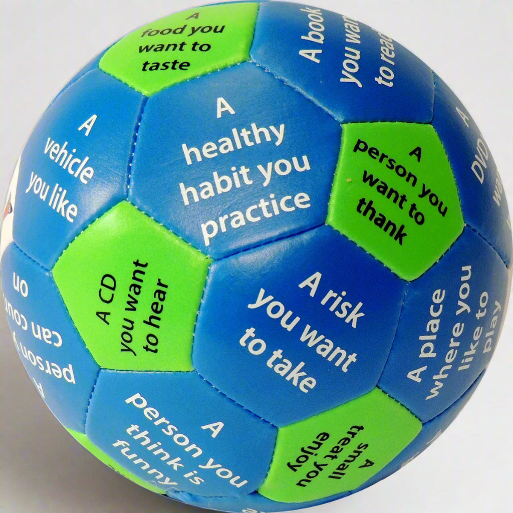 All About You Thumball with 32 blue and green panels featuring conversation prompts for icebreakers and social skills