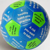 All About You Thumball with 32 blue and green panels featuring conversation prompts for icebreakers and social skills