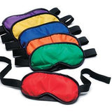 A collection of colorful elastic blindfolds with hook-and-loop closure, displayed in a row with a nylon mesh envelope in the background.