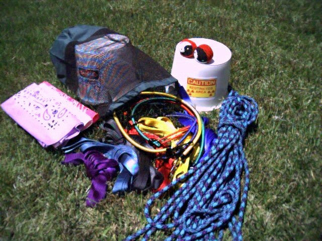 Object Removal Challenge kit with ropes, bucket, balls, bungee cords, boundary rope, and mesh stuff sack for creative team-building activities.