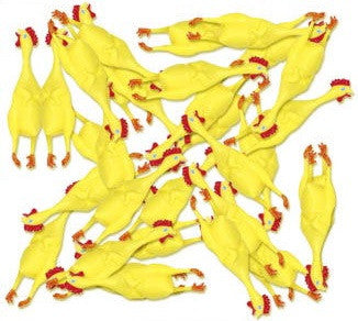 A collection of small, yellow rubber chickens with red accents on their feet and faces, contained in a clear plastic bag.