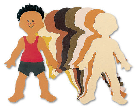 A collection of paper cutouts shaped like people in various skin tones, decorated with colorful markers and craft materials.